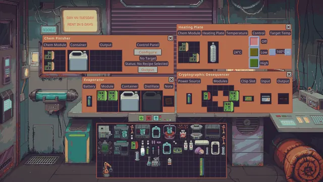 Official store screenshot from the full-game listing: a production lab with several machine panels open at once.