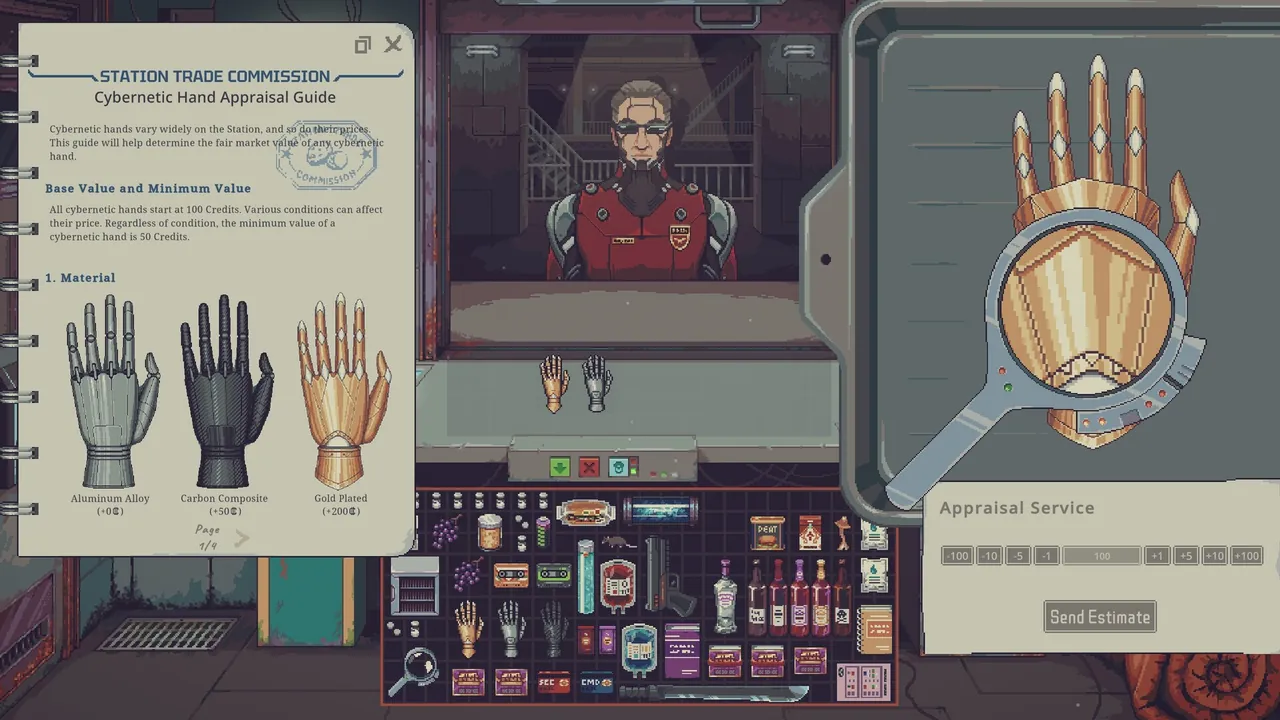 Official Steam store screenshot: the Station Trade Commission cybernetic hand appraisal guide beside a vendor's counter and the appraisal service panel.